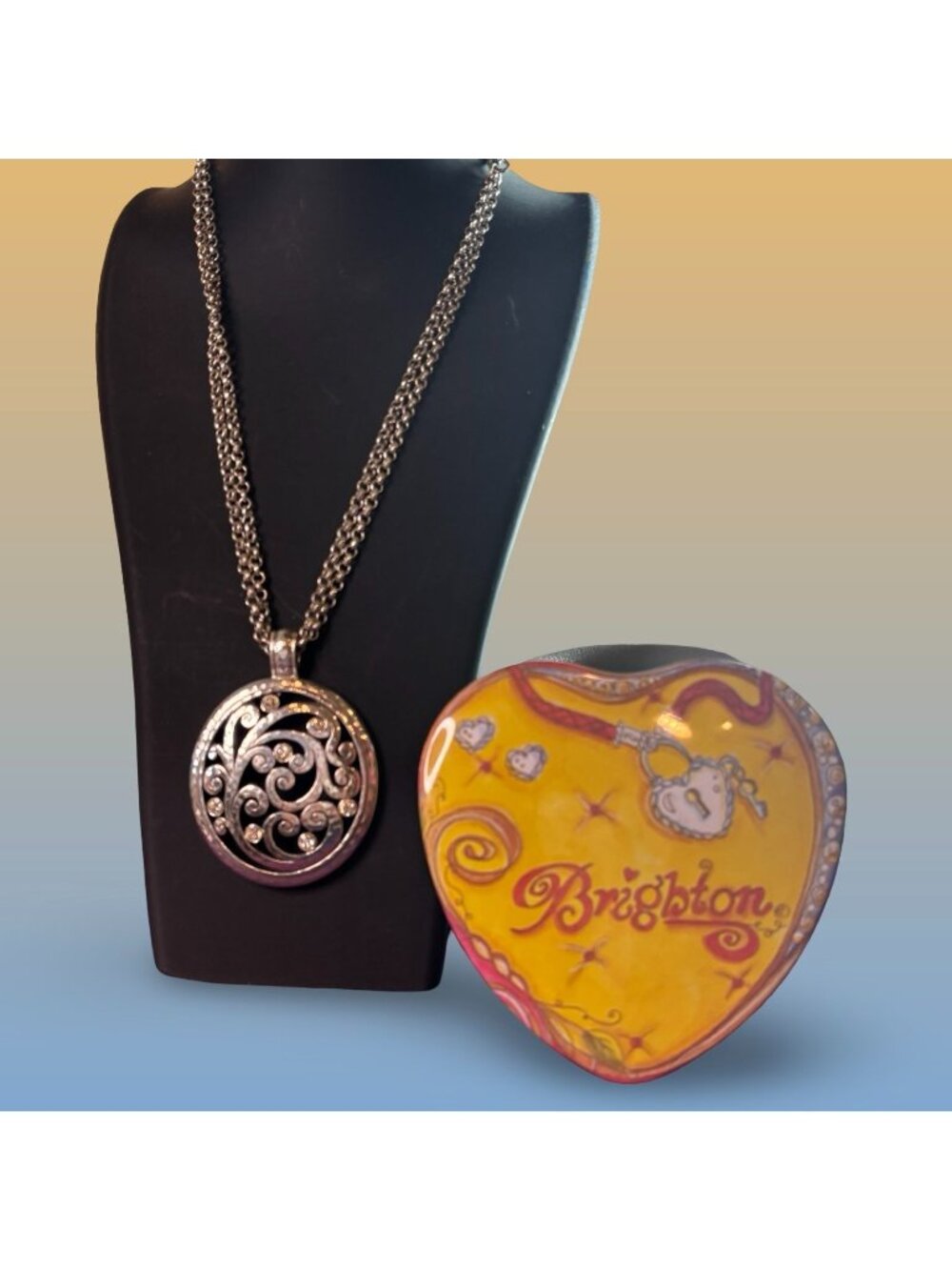 Brighton Yellow Heart Tin Swirl Pendant Silver Tone Necklace Vintage Statement